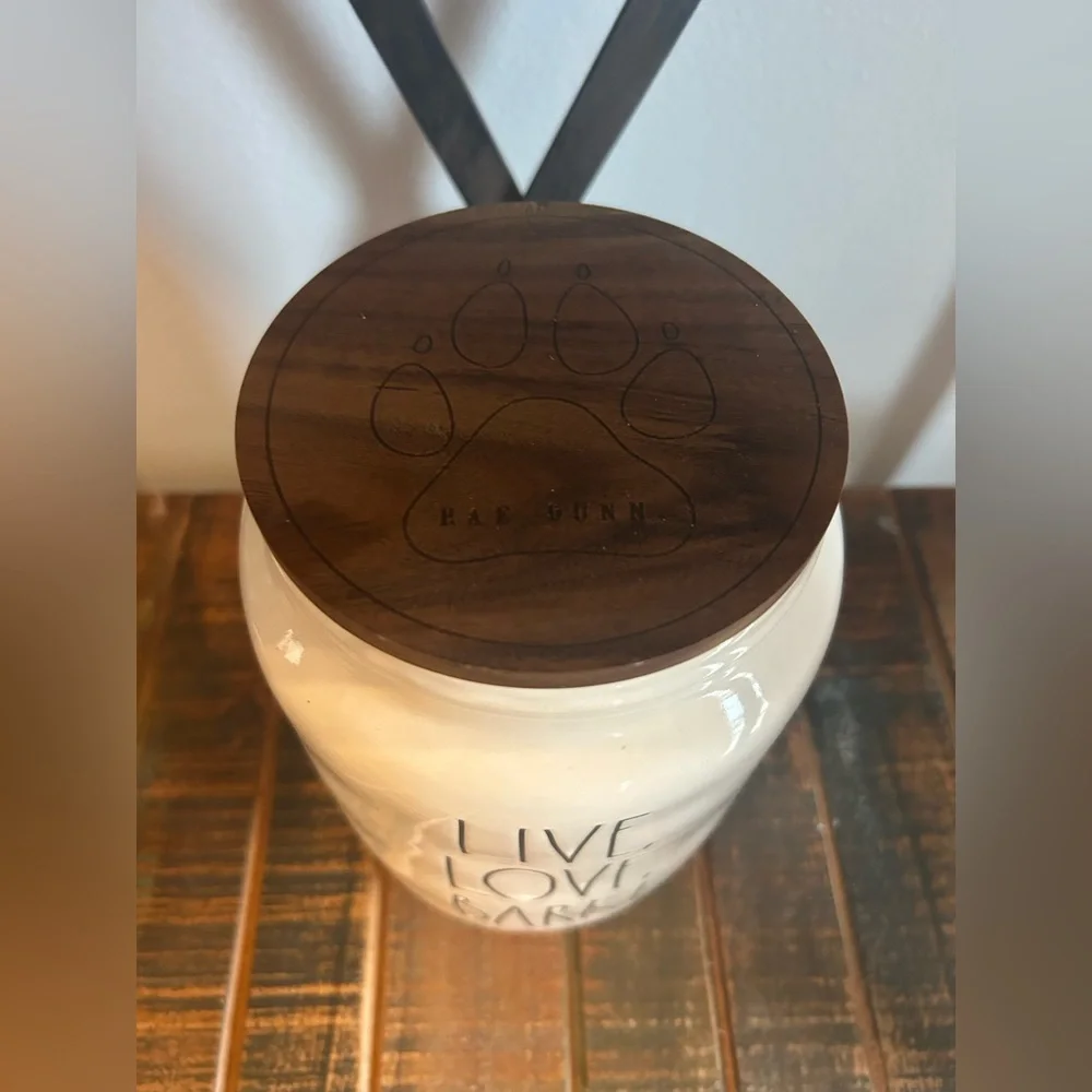 Rae Dunn LIVE, LOVE, BARK! Large Pet Treat Jar With Paw Print On Wood Lid NEW